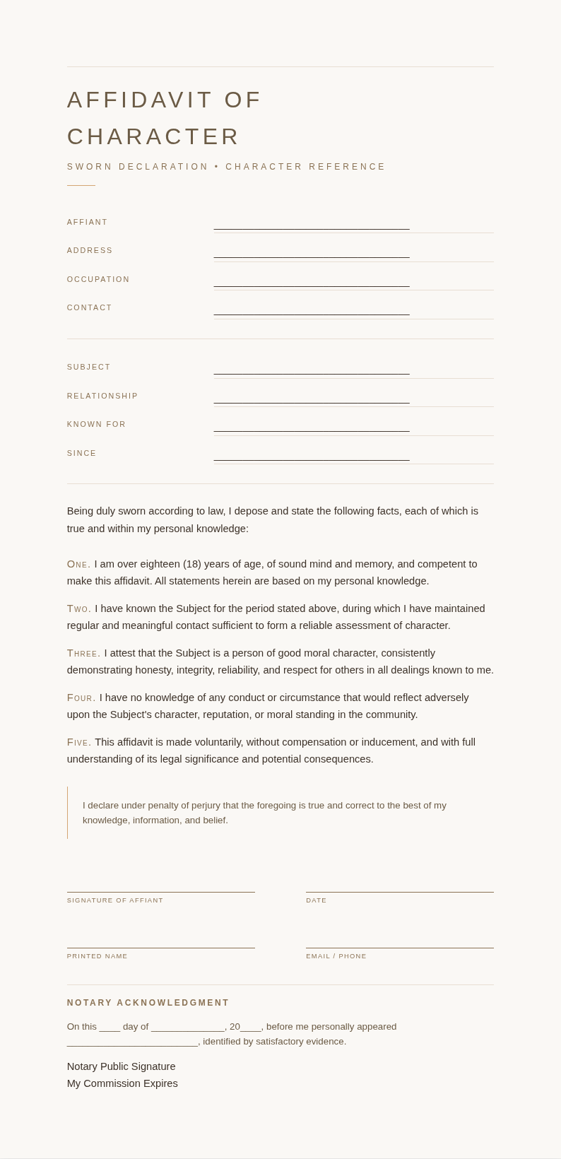 Japandi Minimalist Affidavit of Character